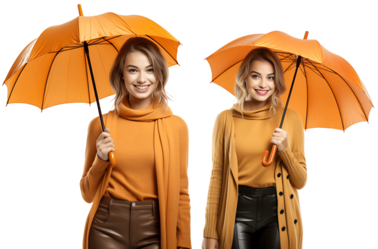 Two smiling blonde girls in autumn clothes. Girls with orange umbrellas. Isolated on a transparent background.