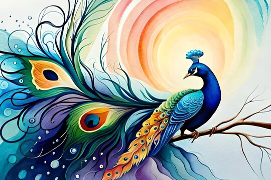 Watercolor splash art image of a peacock