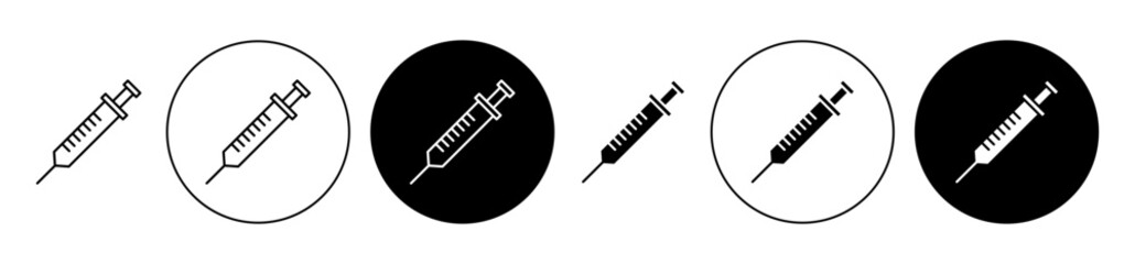syringe vector icon set. medical vaccine injector injection vector symbol with needle. insulin injection icon black color. - obrazy, fototapety, plakaty