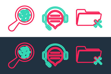 Set line Folder service, Microorganisms under magnifier and Headphones with speech bubble chat icon. Vector