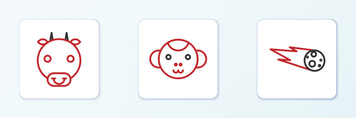 Set line Comet falling down fast, Ox zodiac and Monkey icon. Vector