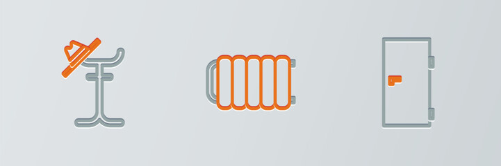 Set line Closed door, Coat stand and Heating radiator icon. Vector
