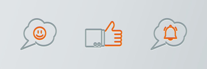 Set line Speech bubble chat notification, with smile face and Hand thumb up icon. Vector