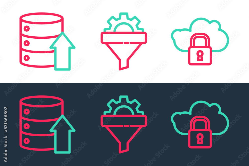 Poster set line cloud computing lock, server, data, web hosting and sales funnel with gear icon. vector