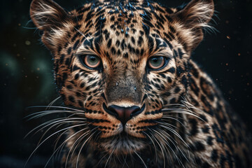 Intense stare of a wild leopard with blurry greenery background. Predator animal in its natural environment. AI Generative close-up shot.