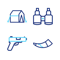 Set line Hunting horn, Pistol gun, Binoculars and Tourist tent icon. Vector