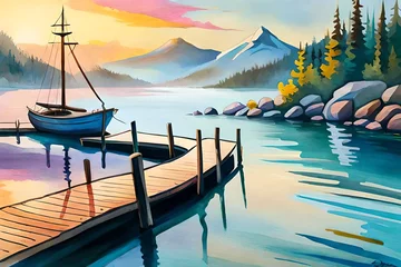 Zelfklevend Fotobehang color painting of a lake with boat © Fahad