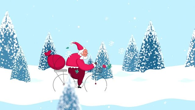 Merry Christmas concept. Happy Christmas companions. Santa Claus rides bicycle. Motion graphics.