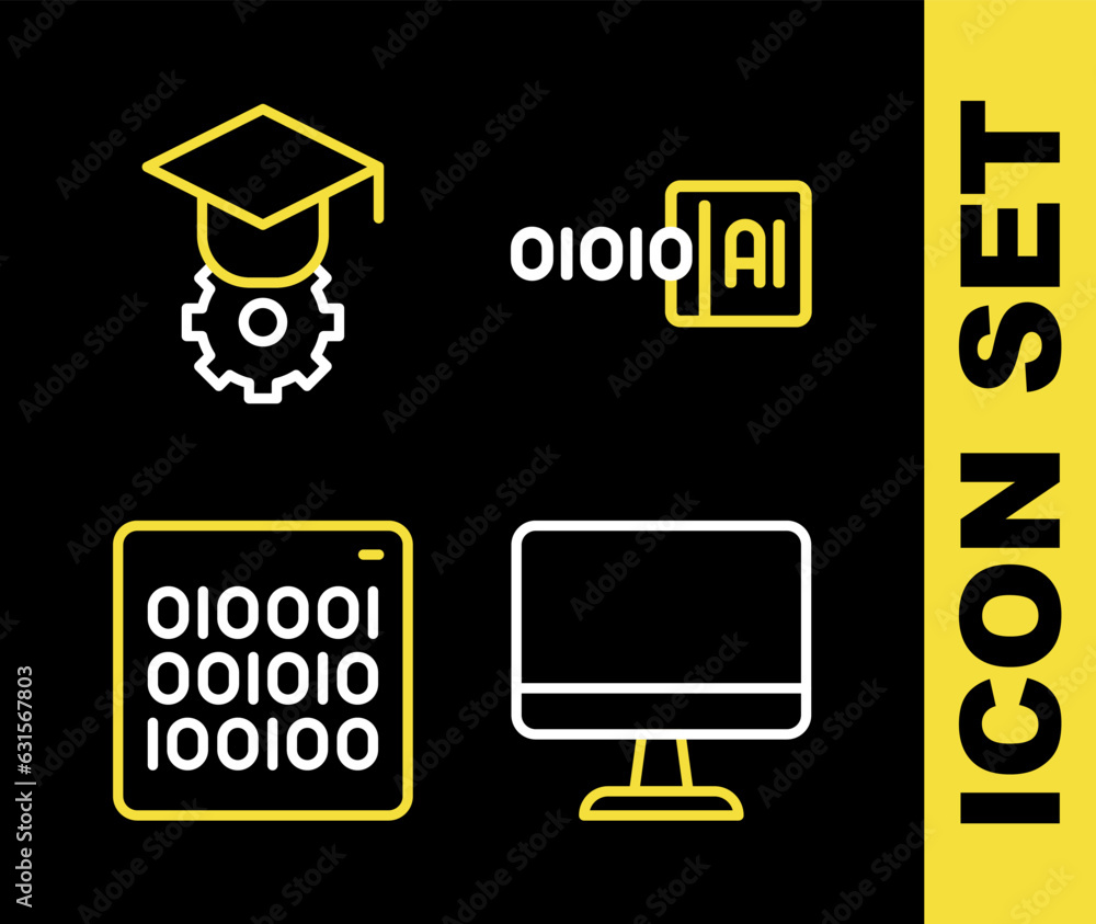 Poster set line binary code, computer monitor, and graduation cap icon. vector