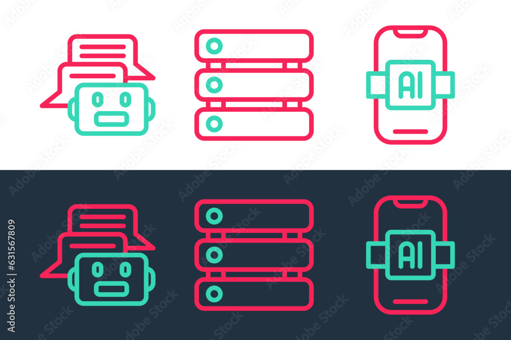Aufkleber set line artificial intelligence ai, chat bot and server, data icon. vector