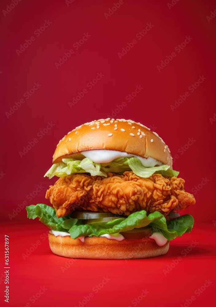 Wall mural fried chicken burger with lettuce, mozzarella sauce, coleslaw, and tomato slices