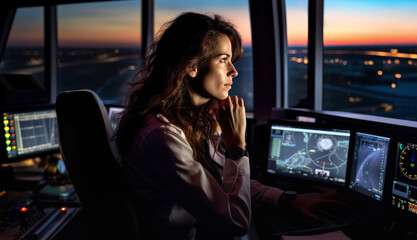 Woman working as air traffic controller. Female sitting at airport control tower, screens near her, blurred evening landscape with runway background. Generative AI - obrazy, fototapety, plakaty