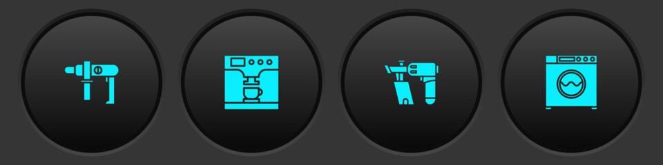 Set Electric drill machine, Coffee and cup, Nail gun and Washer icon. Vector - obrazy, fototapety, plakaty