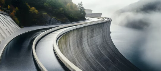 Foto op Canvas Hydroelectric power dam on a river in mountains, aerial view. Generative AI © Lubo Ivanko