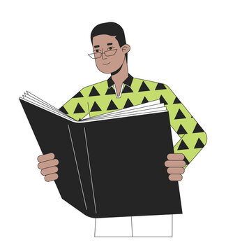 recommend clip art: Focused man reading book flat line color vector character. Financial education. Editable outline full body person on white. Simple cartoon spot illustration for web graphic design