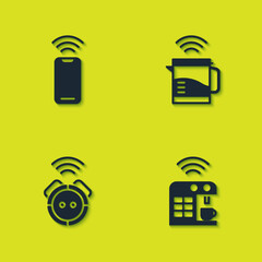 Set Wireless smartphone, Smart coffee machine, Robot vacuum cleaner and electric kettle icon. Vector