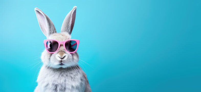 Cute rabbit or hare in pink sunglasses, studio portrait with copy space on side. Generative AI