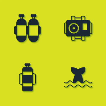 Set Aqualung, Whale tail, and Photo camera for diver icon. Vector
