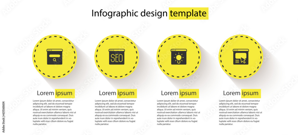 Poster set search engine, seo optimization, browser window and ui or ux design. business infographic templa