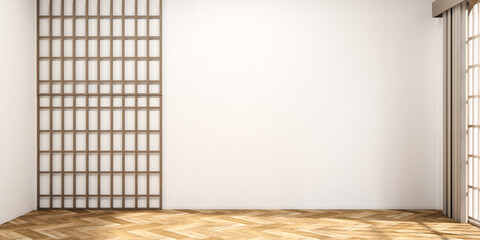 Modern japan style empty room decorated with white slat wall.