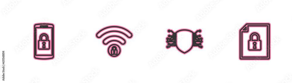 Poster set line smartphone with lock, cyber security, wifi locked and document and icon. vector