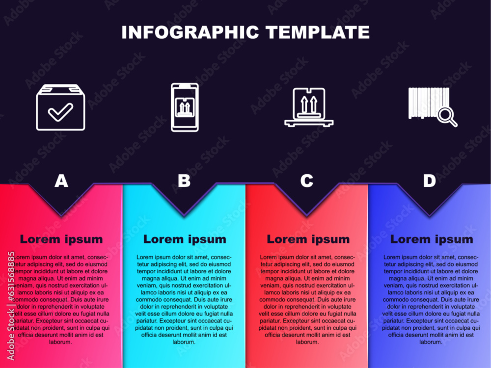 Poster set line package box with check mark, mobile app tracking, cardboard boxes on pallet and search barc