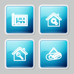Set line House plan, Search house, with key and Hanging sign Sold icon. Vector