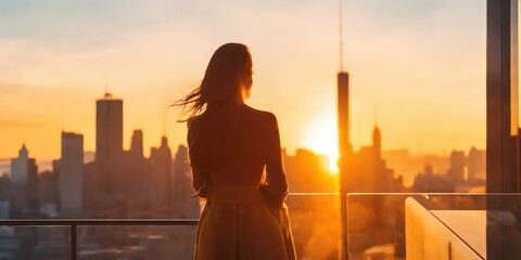 woman standing on luxury balcony, back view of rich female silhouette at sunset in New York city