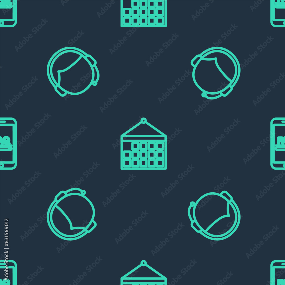 Poster set line calendar, man with headset and mobile faq information on seamless pattern. vector