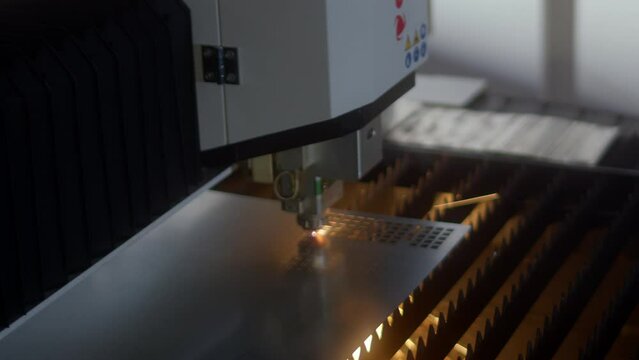 Blue Color Laser Cnc Cut Of Metal With Light Spark, Technology Modern Industrial