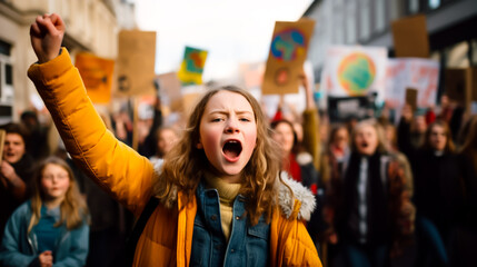 Young climate protestor yelling arms raised at a climate march. Concept of youth standing up for the climate. Shallow field of view,