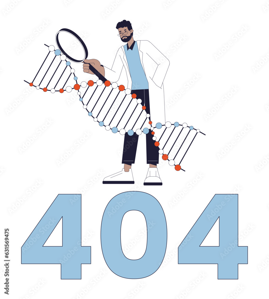 Poster dna research error 404 flash message. scientist research genetic information. empty state ui design.