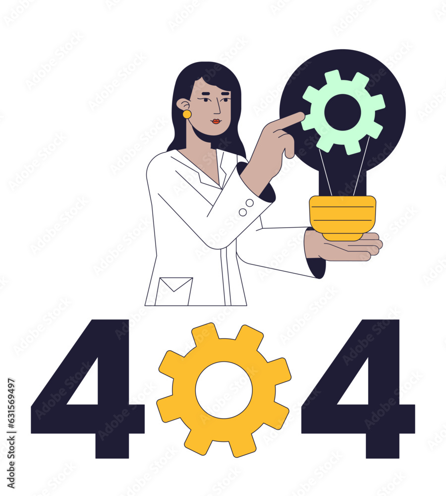 Poster mechanics science error 404 flash message. busy woman turns cogwheel. technology. empty state ui des
