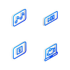 Set Isometric line Pause button, Music note, tone, Stop media and Online play video icon. Vector