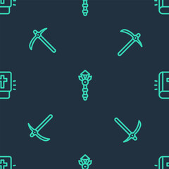 Set line Magic wand, Pickaxe and Holy bible book on seamless pattern. Vector
