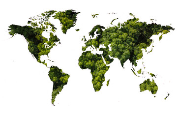 World map made up of various detailed trees on solid white background including the shadows. This 3D illustration of a forest is conceptual of the global green environmental issues worldwide.