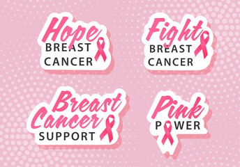 Breast cancer awareness month stickers, vector illustration