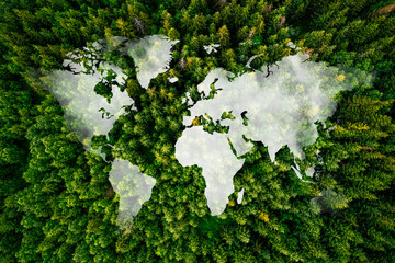 Sustainable habitat world concept. Distant aerial view of a dense rainforest vegetation with lakes in a shape of world continents, clouds. 3d rendering.