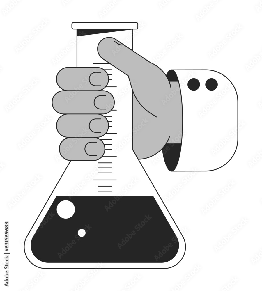 Poster hand holding measurement flask flat monochrome isolated vector object. editable black and white line