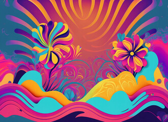 Fototapeta na wymiar colorful background with waves, lines and flowers, space for text 