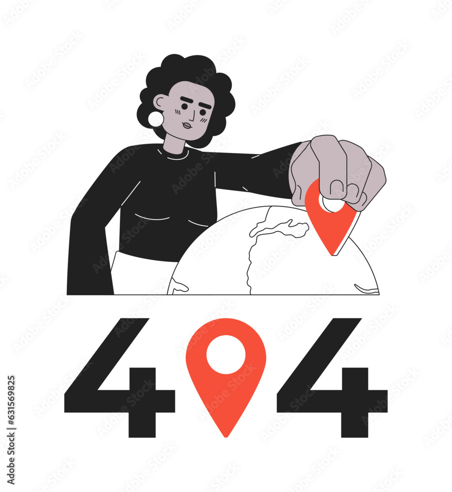 Aufkleber woman selecting place on globe black white error 404 flash message. gps navigator on map. monochrome