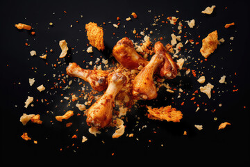 Obraz na płótnie Canvas Commercial picture of falling ruddy breaded fried chicken legs surrounded by breaded crumbs isolated on flat background with copy space. 3d render illustration style.
