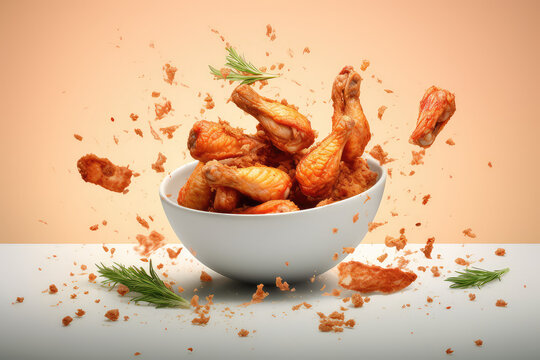 Commercial picture of falling ruddy breaded fried chicken legs surrounded by breaded crumbs isolated on flat background with copy space. 3d render illustration style.
