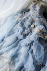 Generative AI illustration of gorgeous couture wedding dress in pink and blue pastel colors