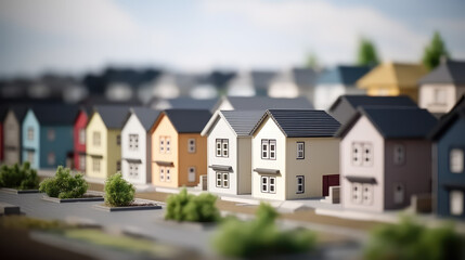 Toy Town. Miniature models of realistic houses, blurred background, wallpaper with toy apartment complex, many classic houses. 3d render style.