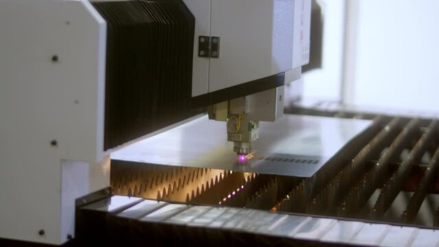 Blue Color Laser Cnc Cut Of Metal With Light Spark, Technology Modern Industrial