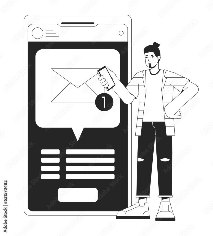 Aufkleber getting text message bw concept vector spot illustration. notification. man holding smartphone 2d ca