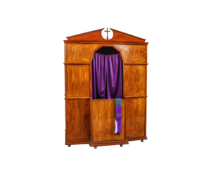Catholic wooden confessional on a white background, sacrament of confession, pacification,