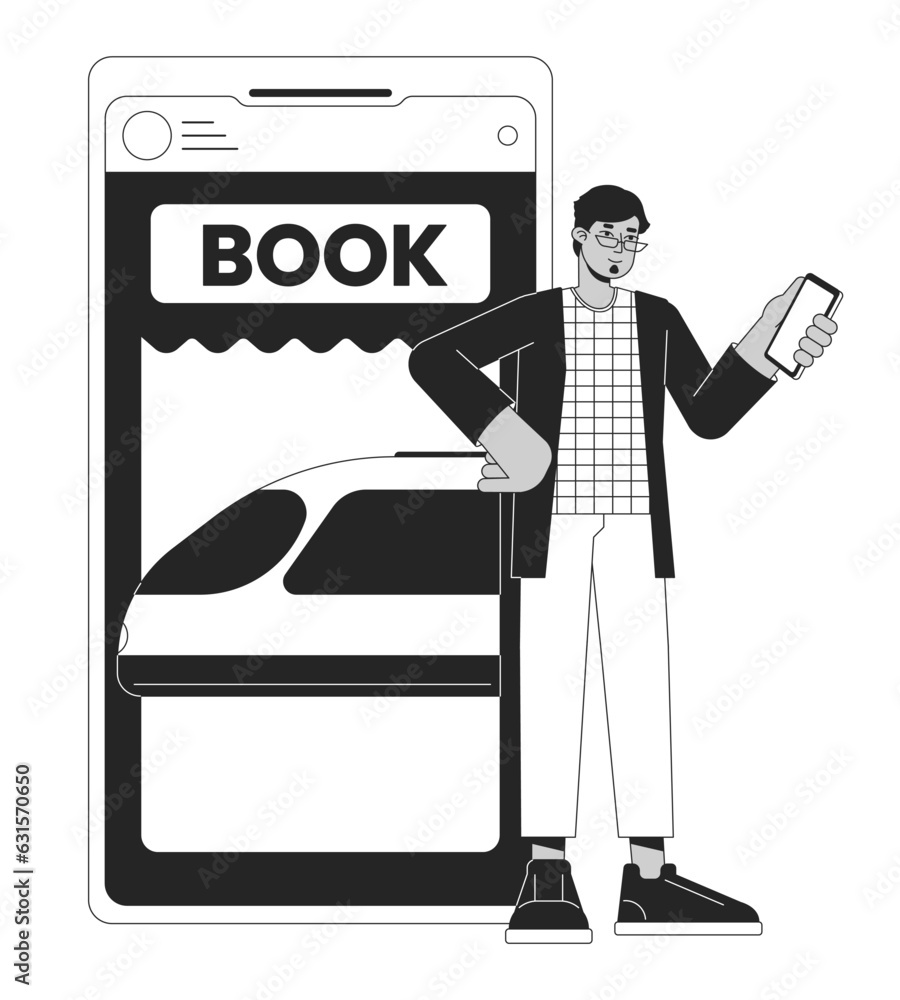 Poster tourist buying tickets on train bw concept vector spot illustration. online app. using smartphone 2d