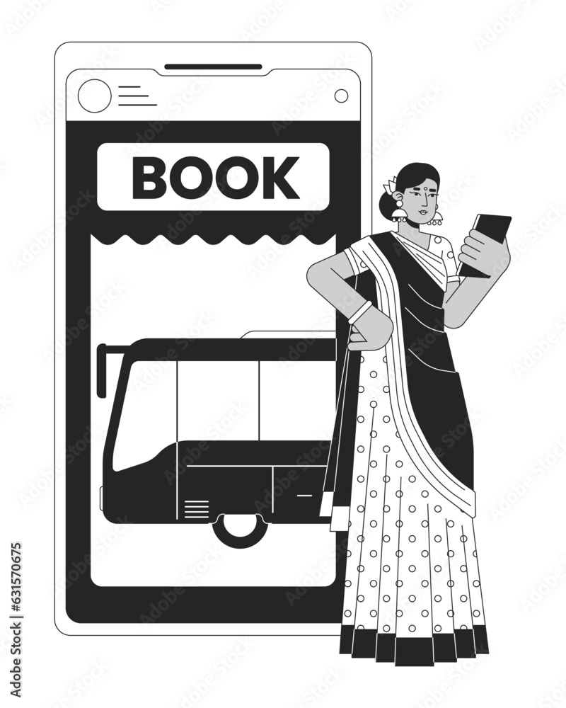 Poster buying ticket on bus online bw concept vector spot illustration. woman in sari using smartphone 2d c